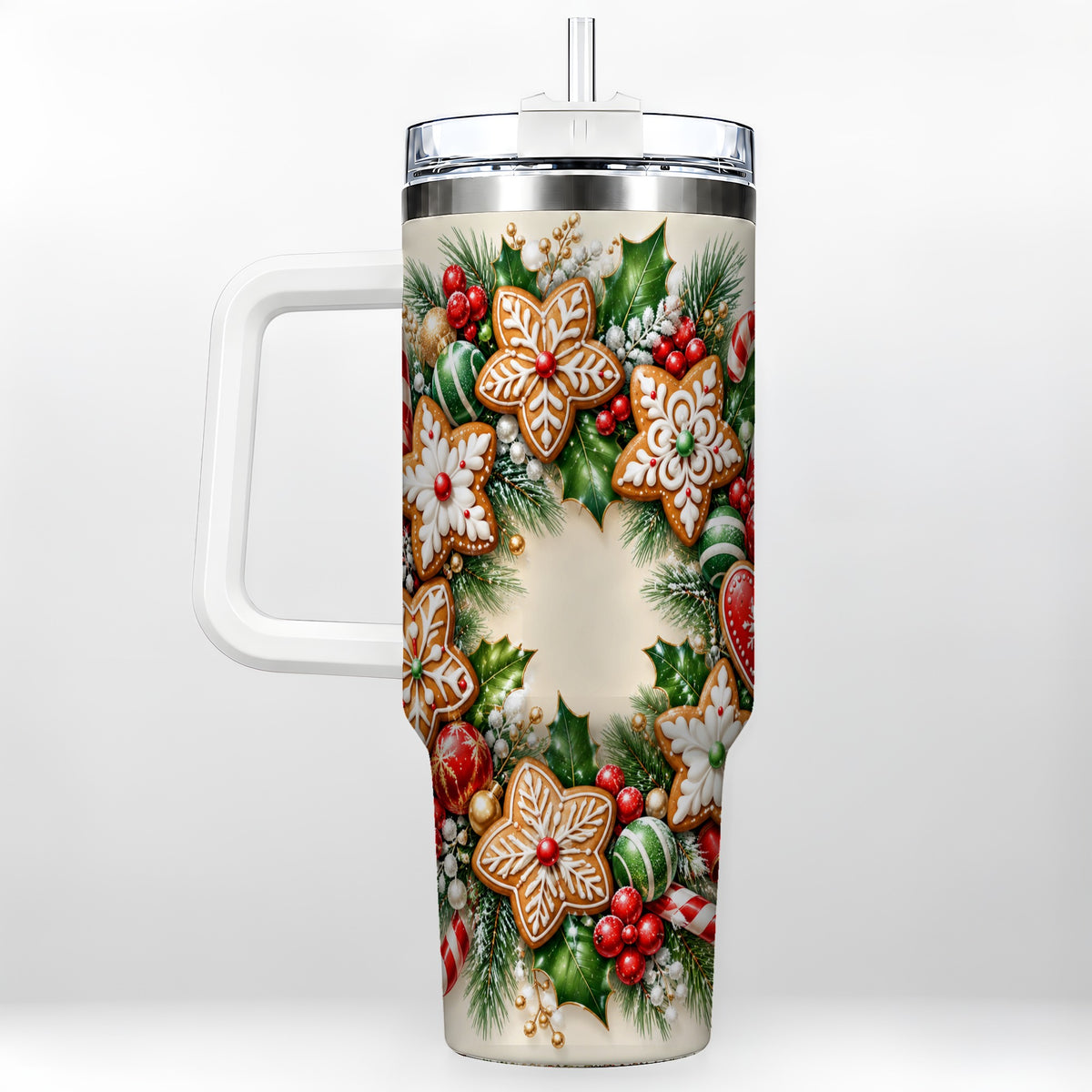Gingerbread Christmas 40oz Tumbler with Handle, Candy Cane Wreath