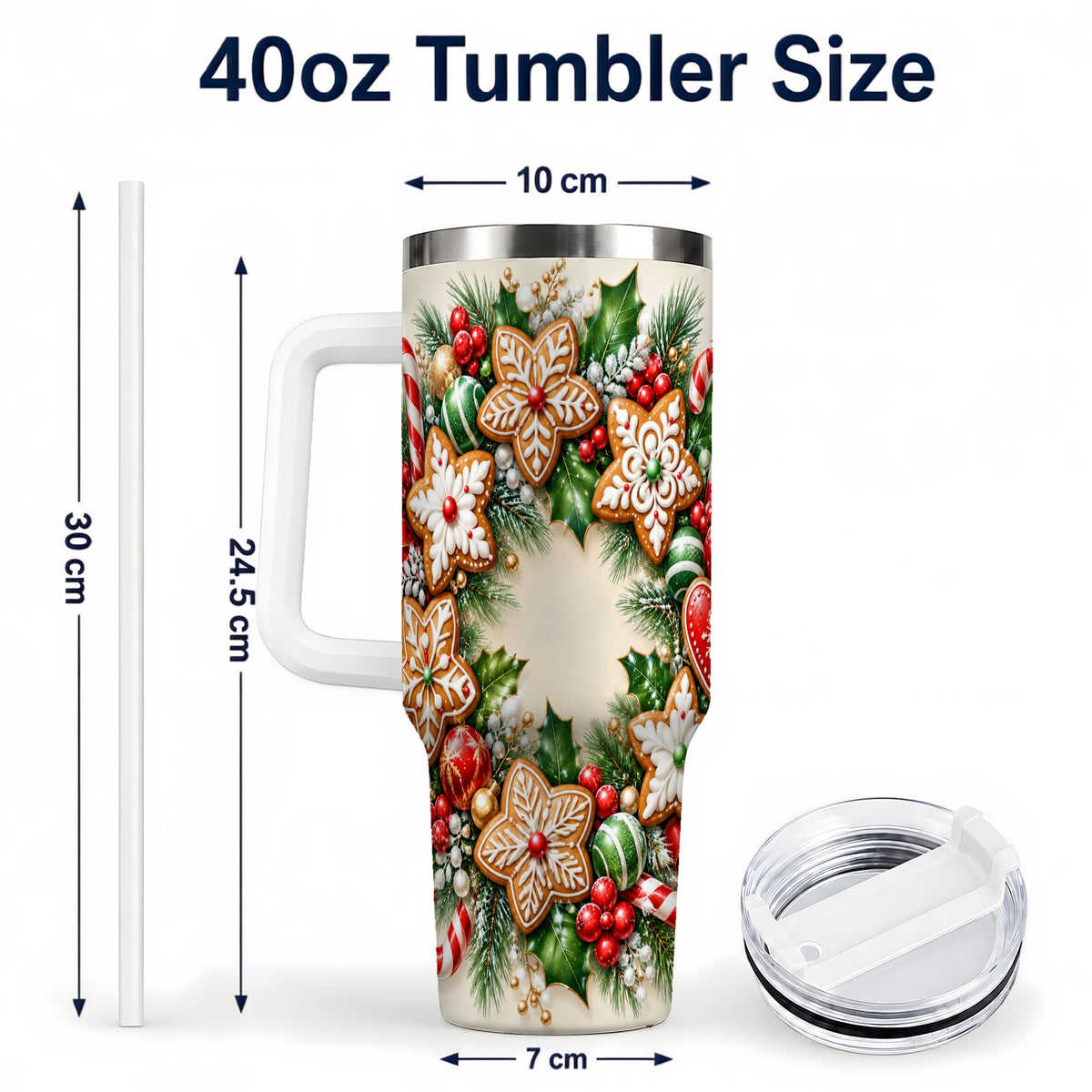 #pl[40oz|White] Gingerbread Christmas 40oz Tumbler with Handle, Candy Cane Wreath