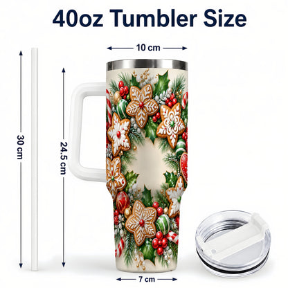 #pl[40oz|White] Gingerbread Christmas 40oz Tumbler with Handle, Candy Cane Wreath