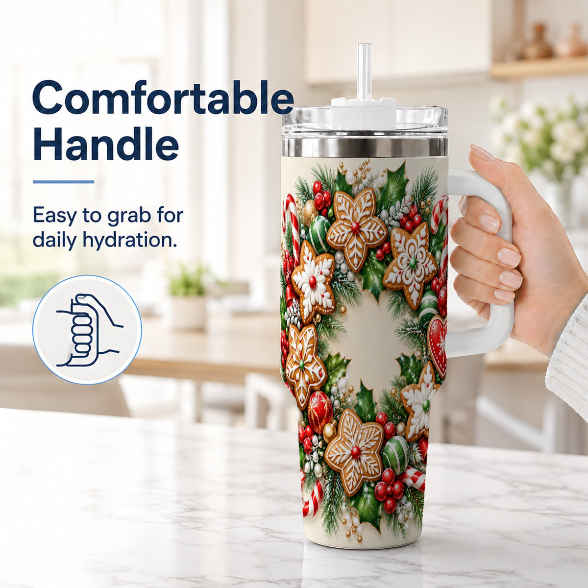 #pl[40oz|White] Gingerbread Christmas 40oz Tumbler with Handle, Candy Cane Wreath