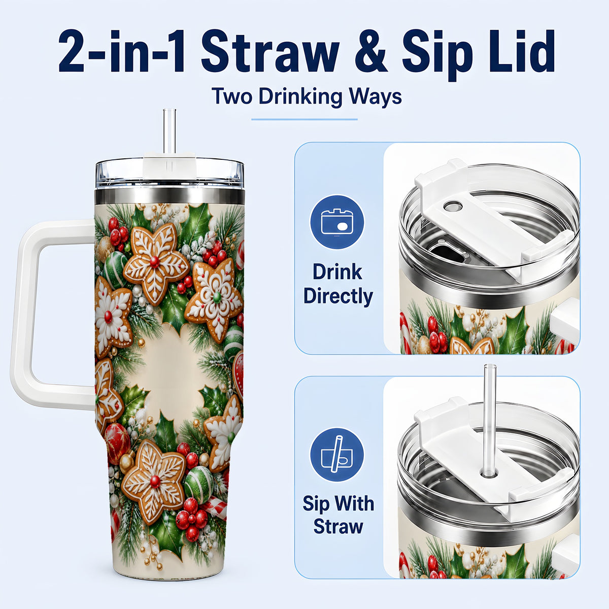 #pl[40oz|White] Gingerbread Christmas 40oz Tumbler with Handle, Candy Cane Wreath