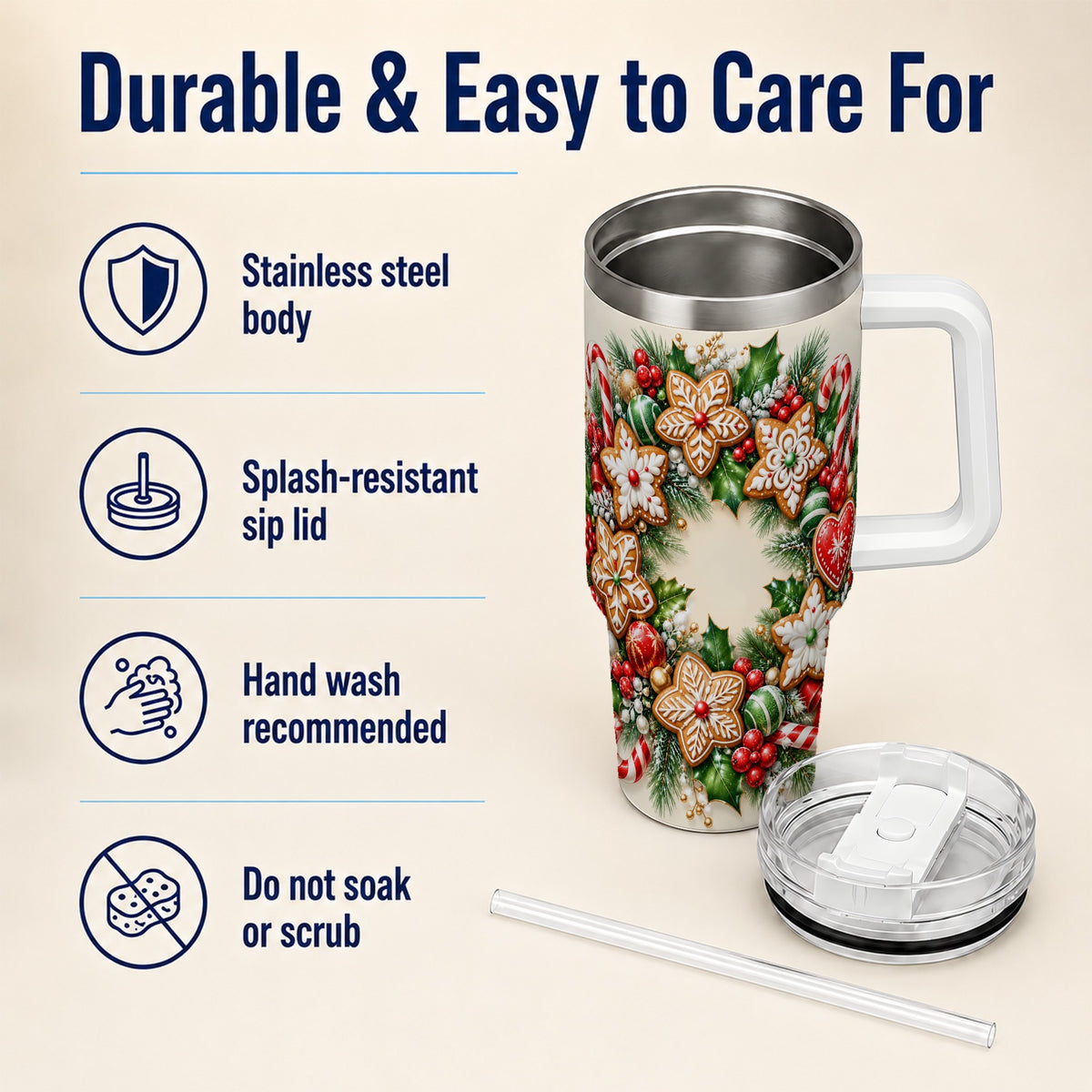 Gingerbread Christmas 40oz Tumbler with Handle, Candy Cane Wreath