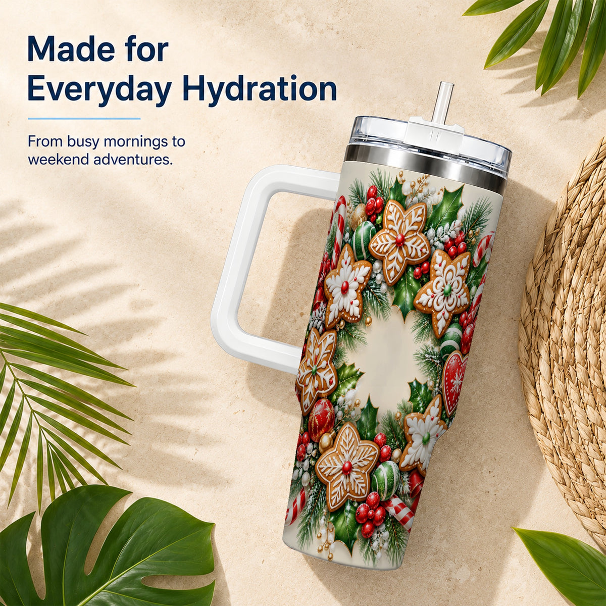 Gingerbread Christmas 40oz Tumbler with Handle, Candy Cane Wreath