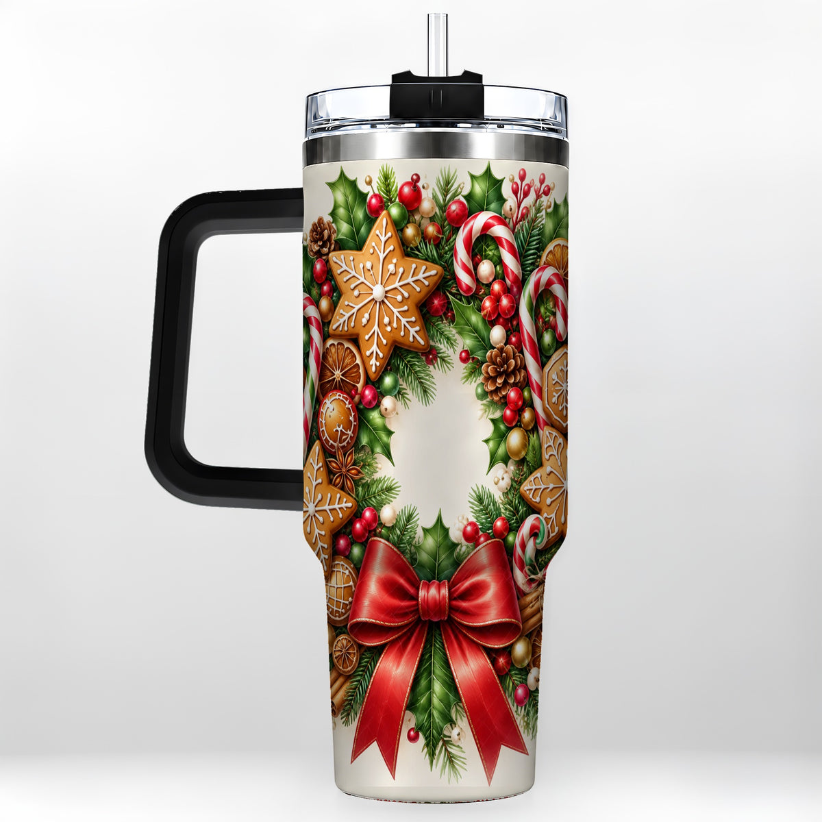 #pl[40oz|Black] Rustic Christmas 40oz Tumbler with Handle, Gingerbread Wreath Design