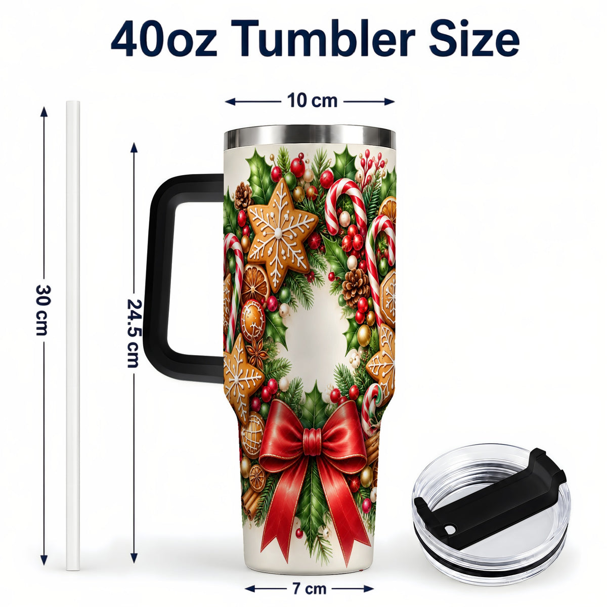 #pl[40oz|Black] Rustic Christmas 40oz Tumbler with Handle, Gingerbread Wreath Design