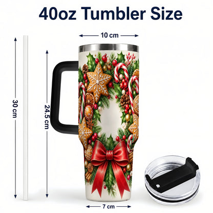 #pl[40oz|Black] Rustic Christmas 40oz Tumbler with Handle, Gingerbread Wreath Design