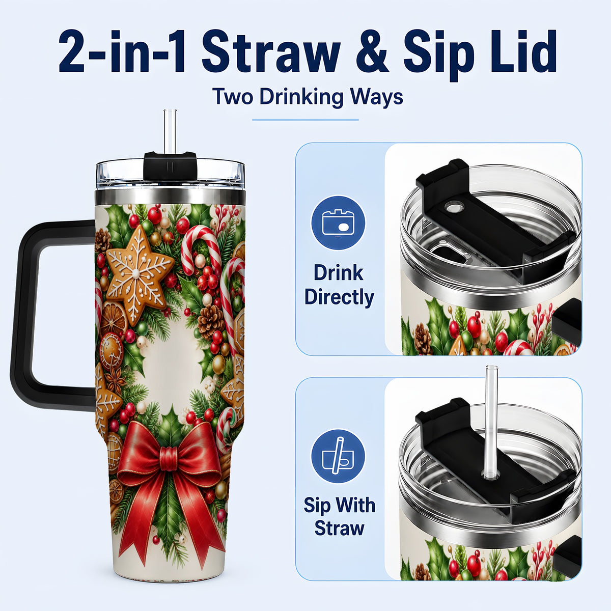 #pl[40oz|Black] Rustic Christmas 40oz Tumbler with Handle, Gingerbread Wreath Design
