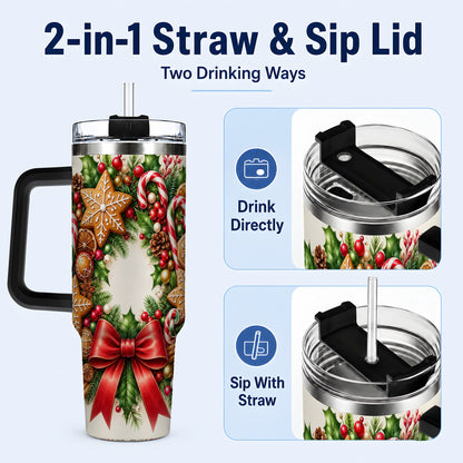 #pl[40oz|Black] Rustic Christmas 40oz Tumbler with Handle, Gingerbread Wreath Design