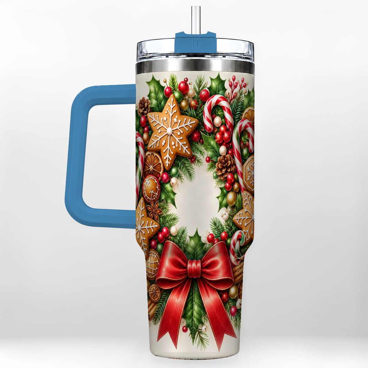 #pl[40oz|Blue] Rustic Christmas 40oz Tumbler with Handle, Gingerbread Wreath Design