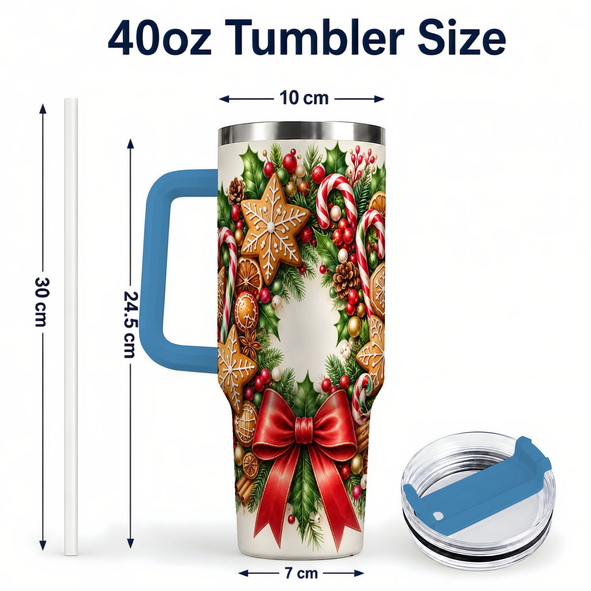 #pl[40oz|Blue] Rustic Christmas 40oz Tumbler with Handle, Gingerbread Wreath Design