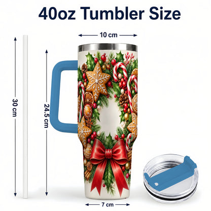 #pl[40oz|Blue] Rustic Christmas 40oz Tumbler with Handle, Gingerbread Wreath Design