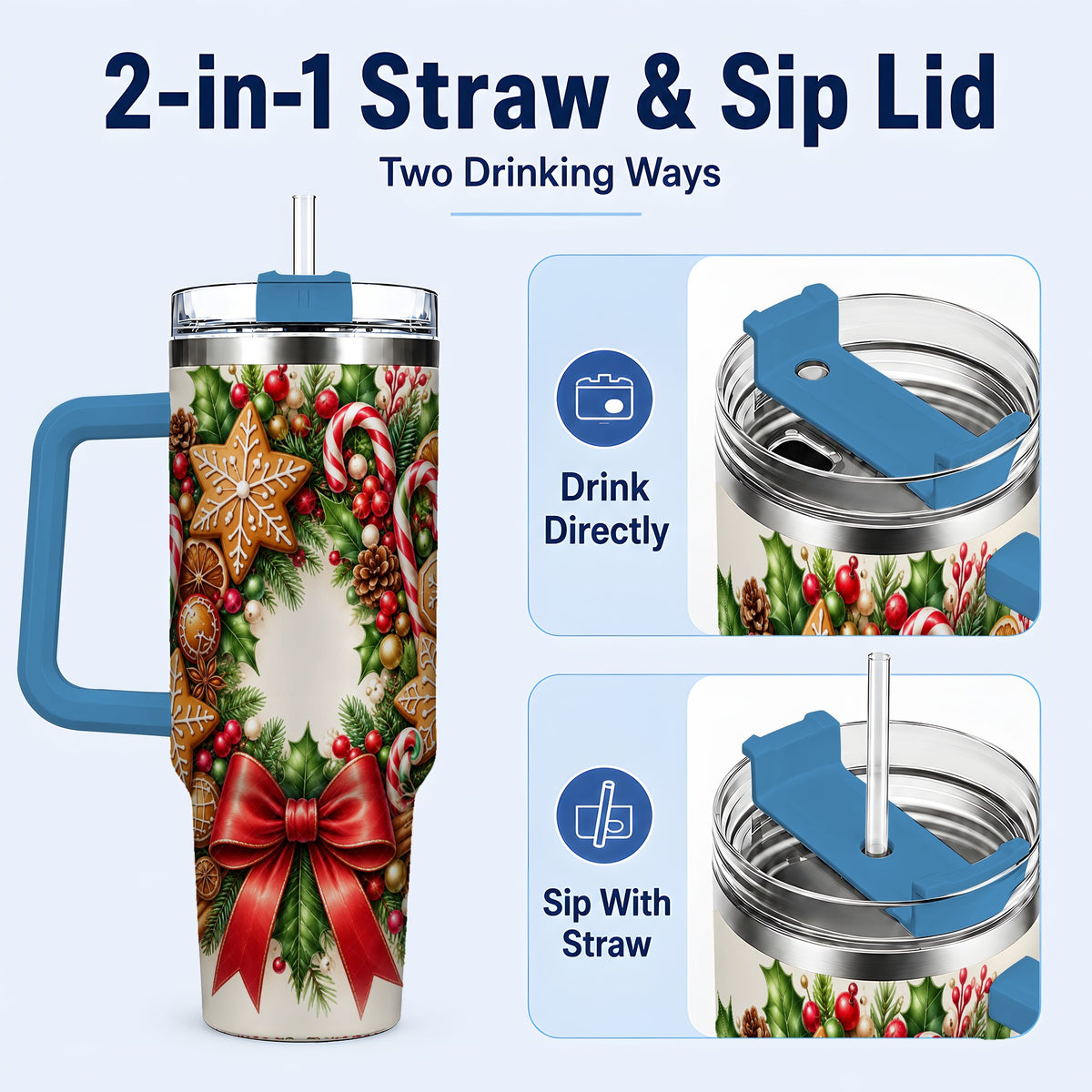 #pl[40oz|Blue] Rustic Christmas 40oz Tumbler with Handle, Gingerbread Wreath Design