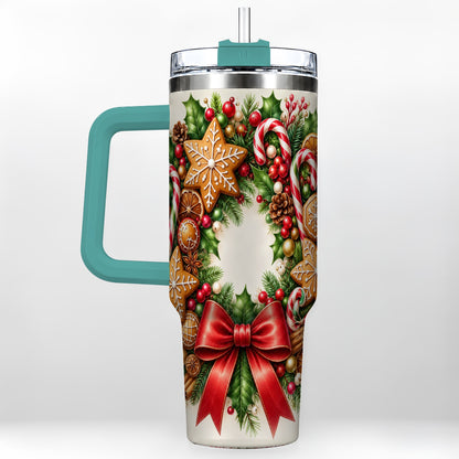 #pl[40oz|Green] Rustic Christmas 40oz Tumbler with Handle, Gingerbread Wreath Design