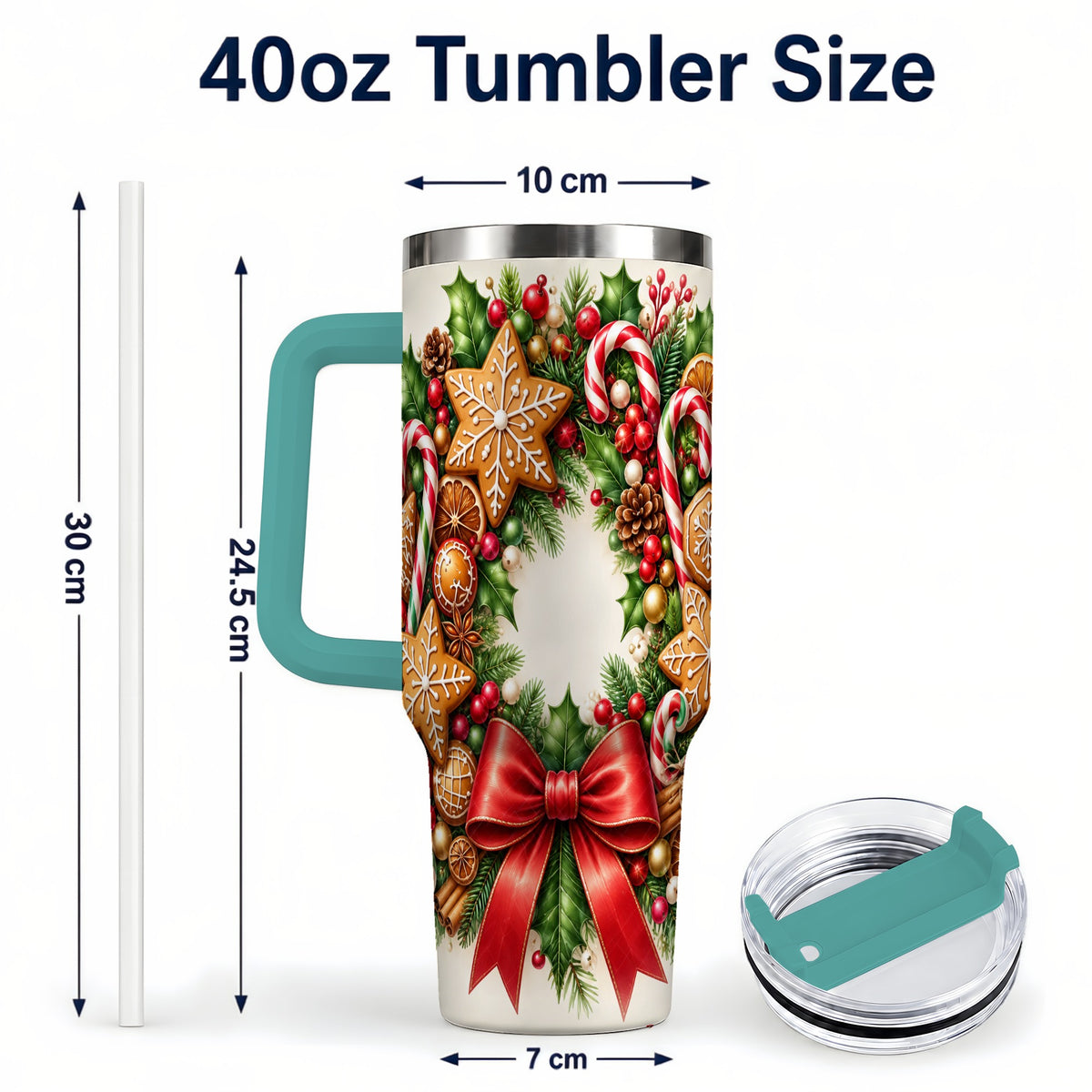#pl[40oz|Green] Rustic Christmas 40oz Tumbler with Handle, Gingerbread Wreath Design