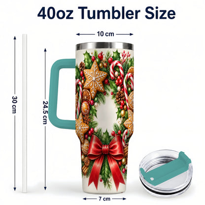 #pl[40oz|Green] Rustic Christmas 40oz Tumbler with Handle, Gingerbread Wreath Design
