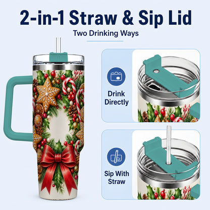 #pl[40oz|Green] Rustic Christmas 40oz Tumbler with Handle, Gingerbread Wreath Design