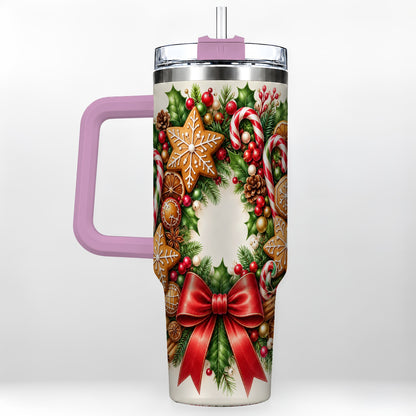 #pl[40oz|Pink] Rustic Christmas 40oz Tumbler with Handle, Gingerbread Wreath Design