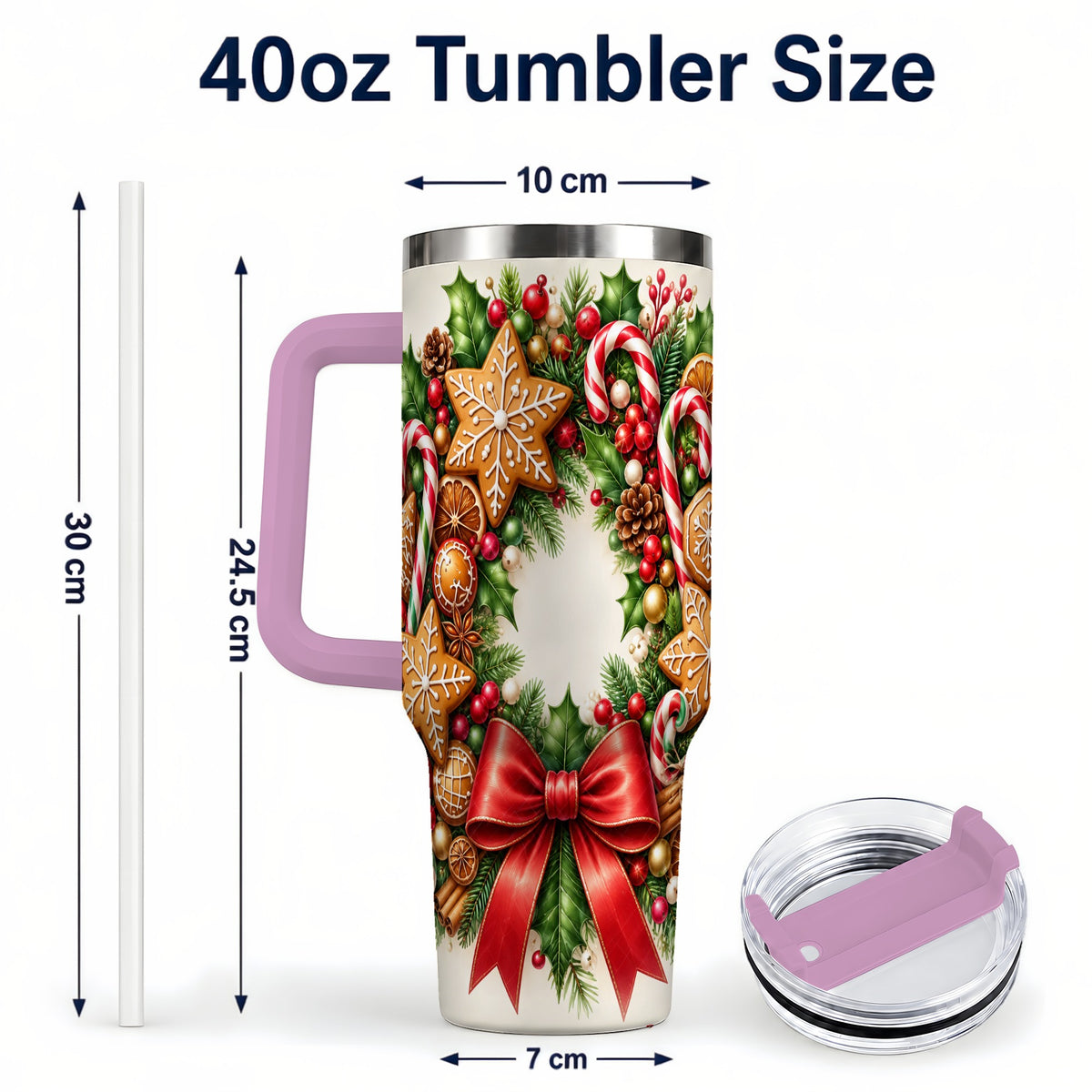 #pl[40oz|Pink] Rustic Christmas 40oz Tumbler with Handle, Gingerbread Wreath Design