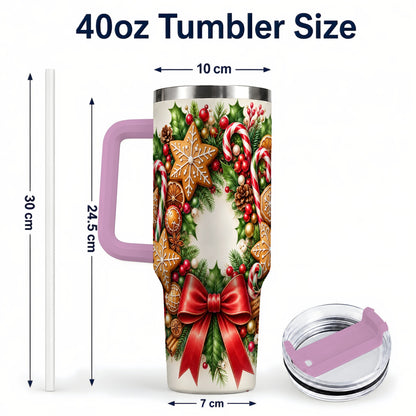 #pl[40oz|Pink] Rustic Christmas 40oz Tumbler with Handle, Gingerbread Wreath Design