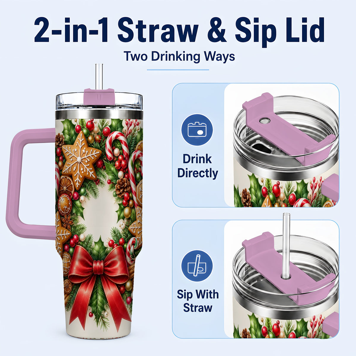 #pl[40oz|Pink] Rustic Christmas 40oz Tumbler with Handle, Gingerbread Wreath Design
