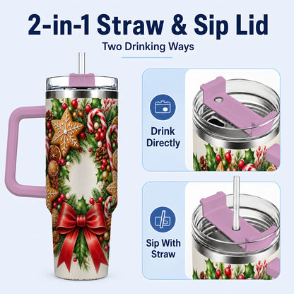 #pl[40oz|Pink] Rustic Christmas 40oz Tumbler with Handle, Gingerbread Wreath Design