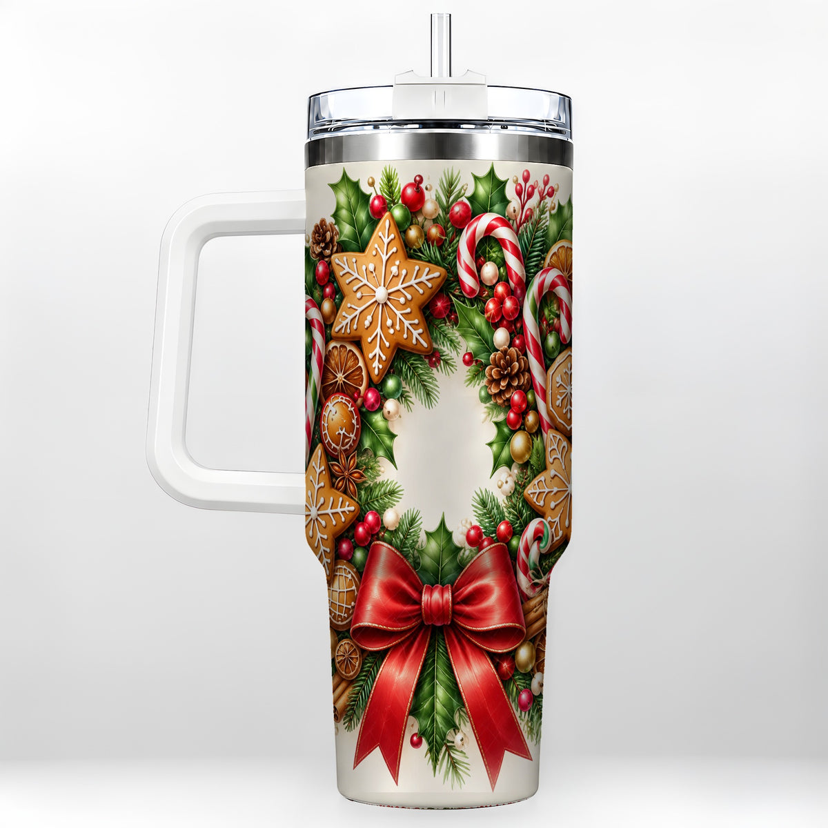 Rustic Christmas 40oz Tumbler with Handle, Gingerbread Wreath Design