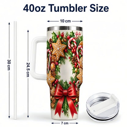 #pl[40oz|White] Rustic Christmas 40oz Tumbler with Handle, Gingerbread Wreath Design