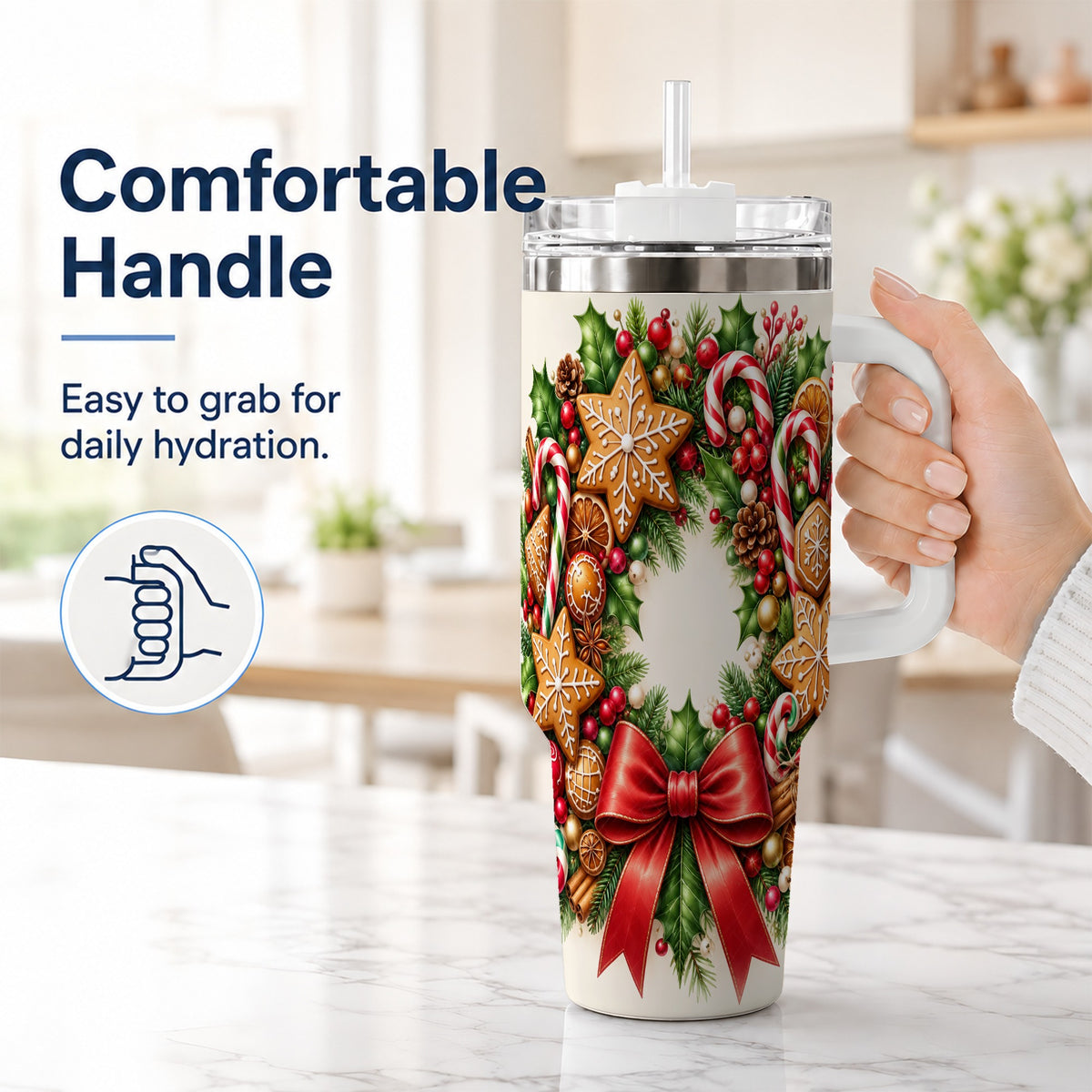 #pl[40oz|White] Rustic Christmas 40oz Tumbler with Handle, Gingerbread Wreath Design