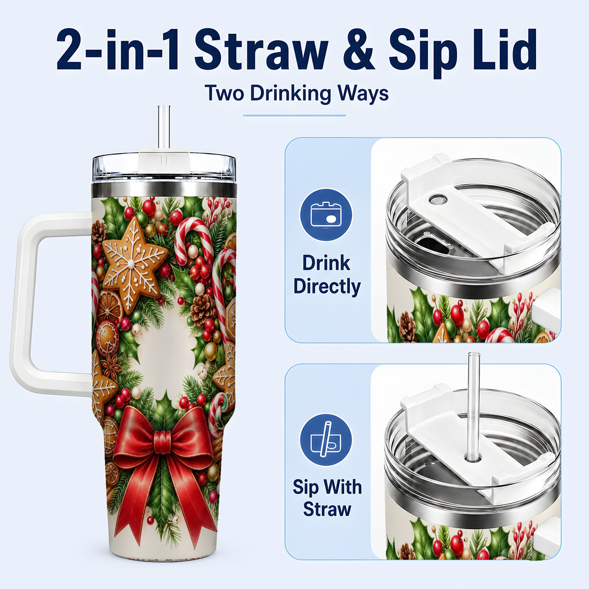 #pl[40oz|White] Rustic Christmas 40oz Tumbler with Handle, Gingerbread Wreath Design