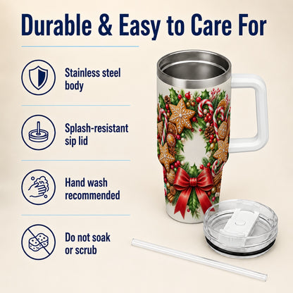 Rustic Christmas 40oz Tumbler with Handle, Gingerbread Wreath Design
