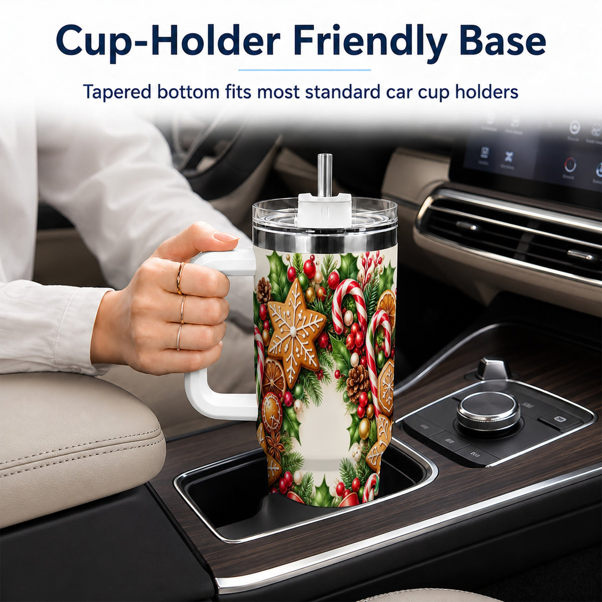 Rustic Christmas 40oz Tumbler with Handle, Gingerbread Wreath Design