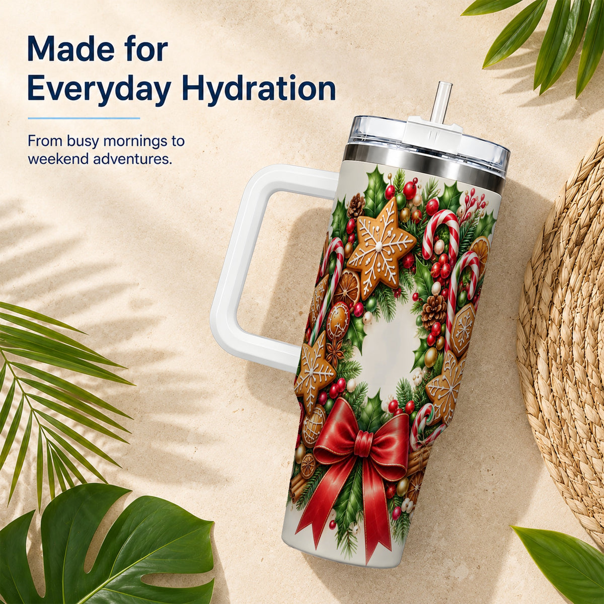 Rustic Christmas 40oz Tumbler with Handle, Gingerbread Wreath Design
