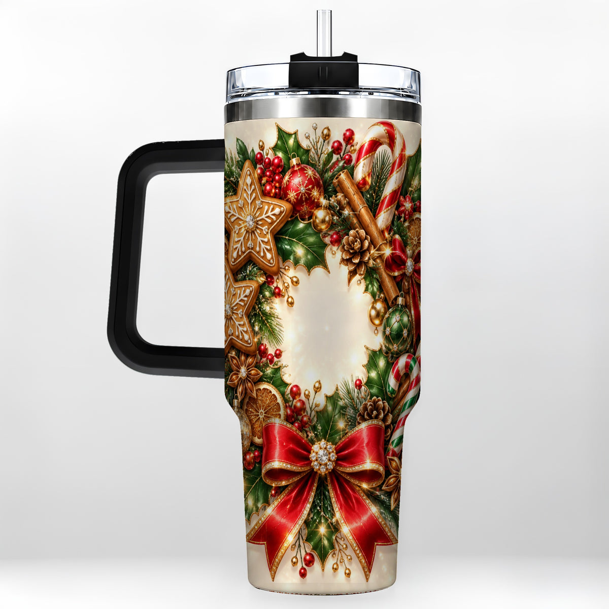 #pl[40oz|Black] Christmas Wreath 40oz Tumbler with Handle, Gingerbread Holiday Design