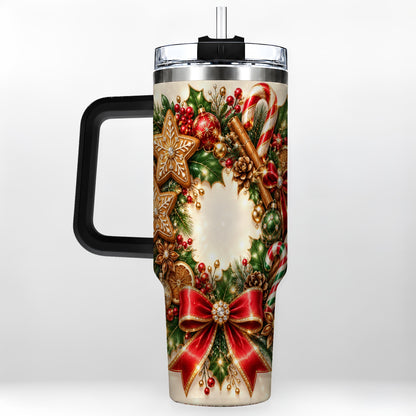 #pl[40oz|Black] Christmas Wreath 40oz Tumbler with Handle, Gingerbread Holiday Design