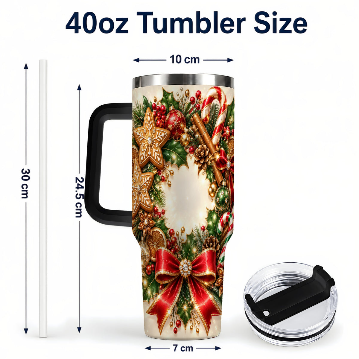 #pl[40oz|Black] Christmas Wreath 40oz Tumbler with Handle, Gingerbread Holiday Design