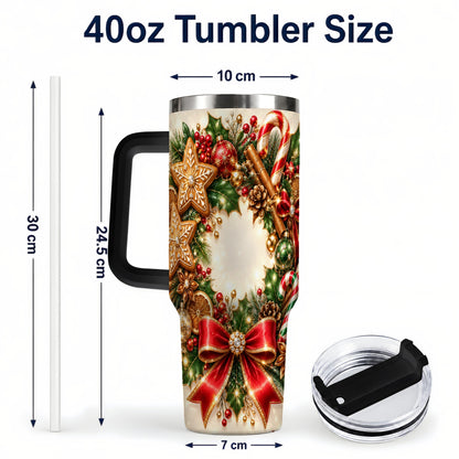 #pl[40oz|Black] Christmas Wreath 40oz Tumbler with Handle, Gingerbread Holiday Design
