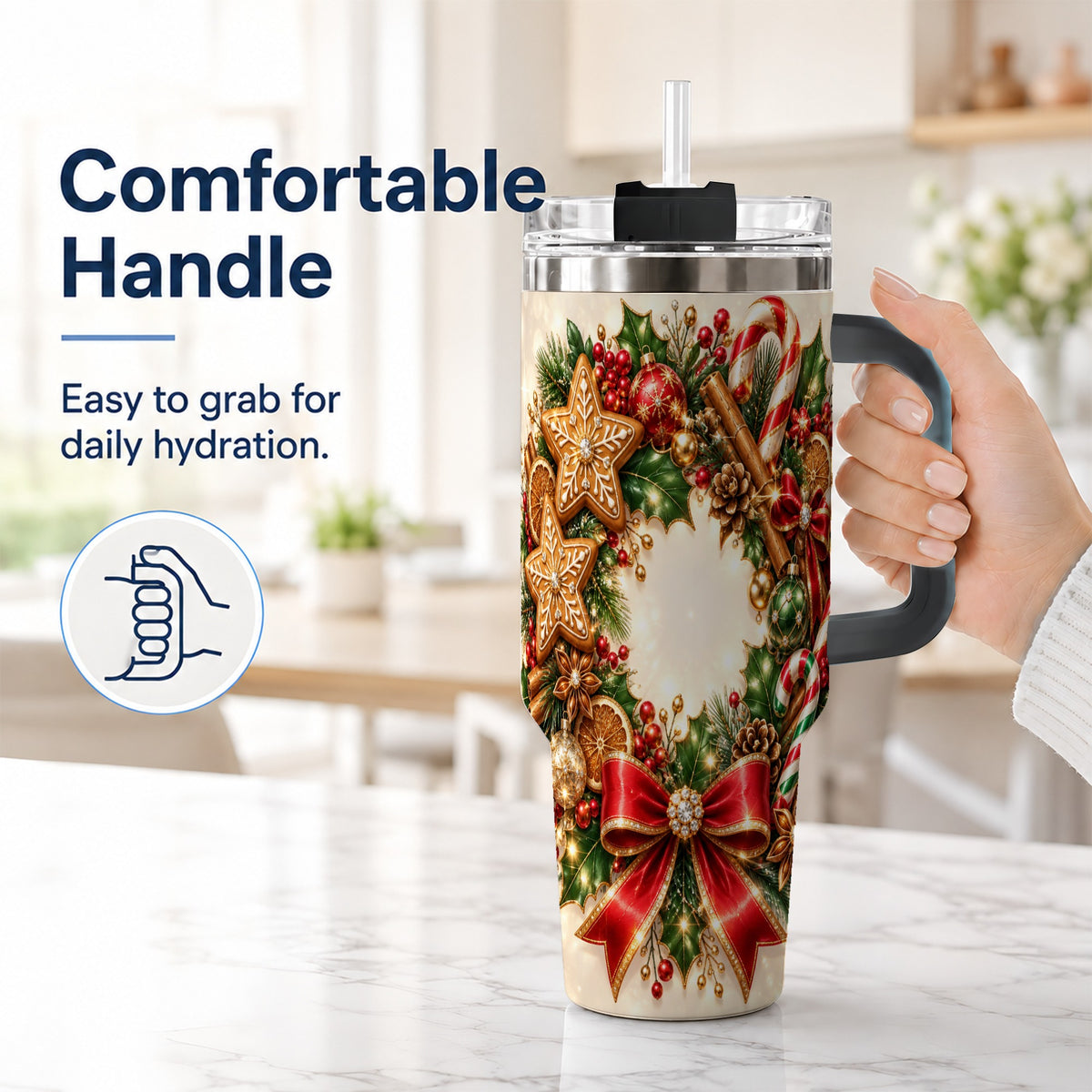 #pl[40oz|Black] Christmas Wreath 40oz Tumbler with Handle, Gingerbread Holiday Design