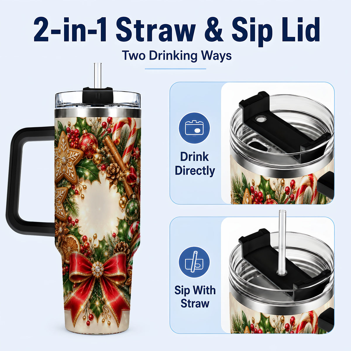 #pl[40oz|Black] Christmas Wreath 40oz Tumbler with Handle, Gingerbread Holiday Design