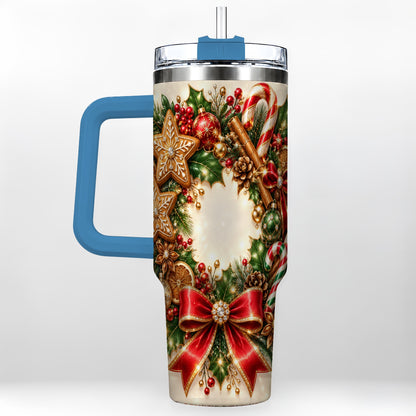#pl[40oz|Blue] Christmas Wreath 40oz Tumbler with Handle, Gingerbread Holiday Design