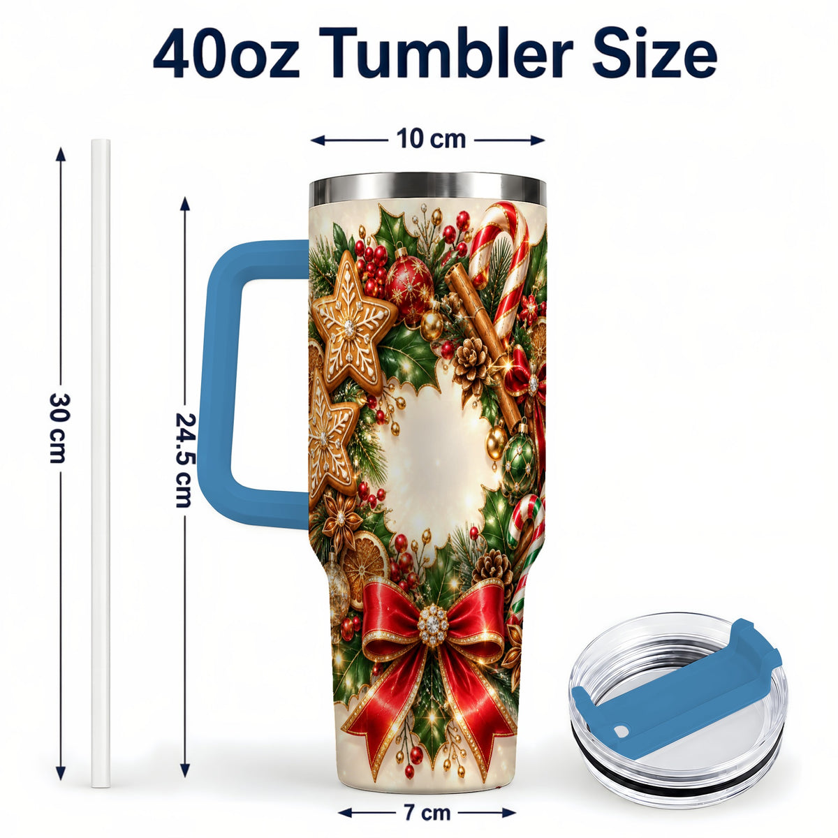 #pl[40oz|Blue] Christmas Wreath 40oz Tumbler with Handle, Gingerbread Holiday Design