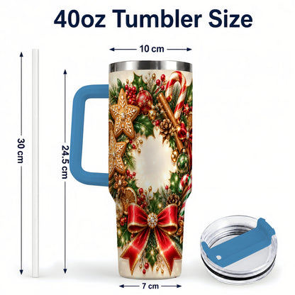 #pl[40oz|Blue] Christmas Wreath 40oz Tumbler with Handle, Gingerbread Holiday Design