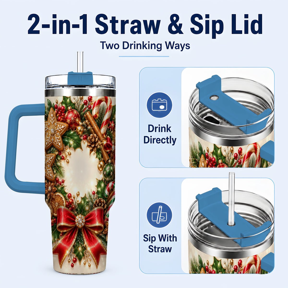 #pl[40oz|Blue] Christmas Wreath 40oz Tumbler with Handle, Gingerbread Holiday Design