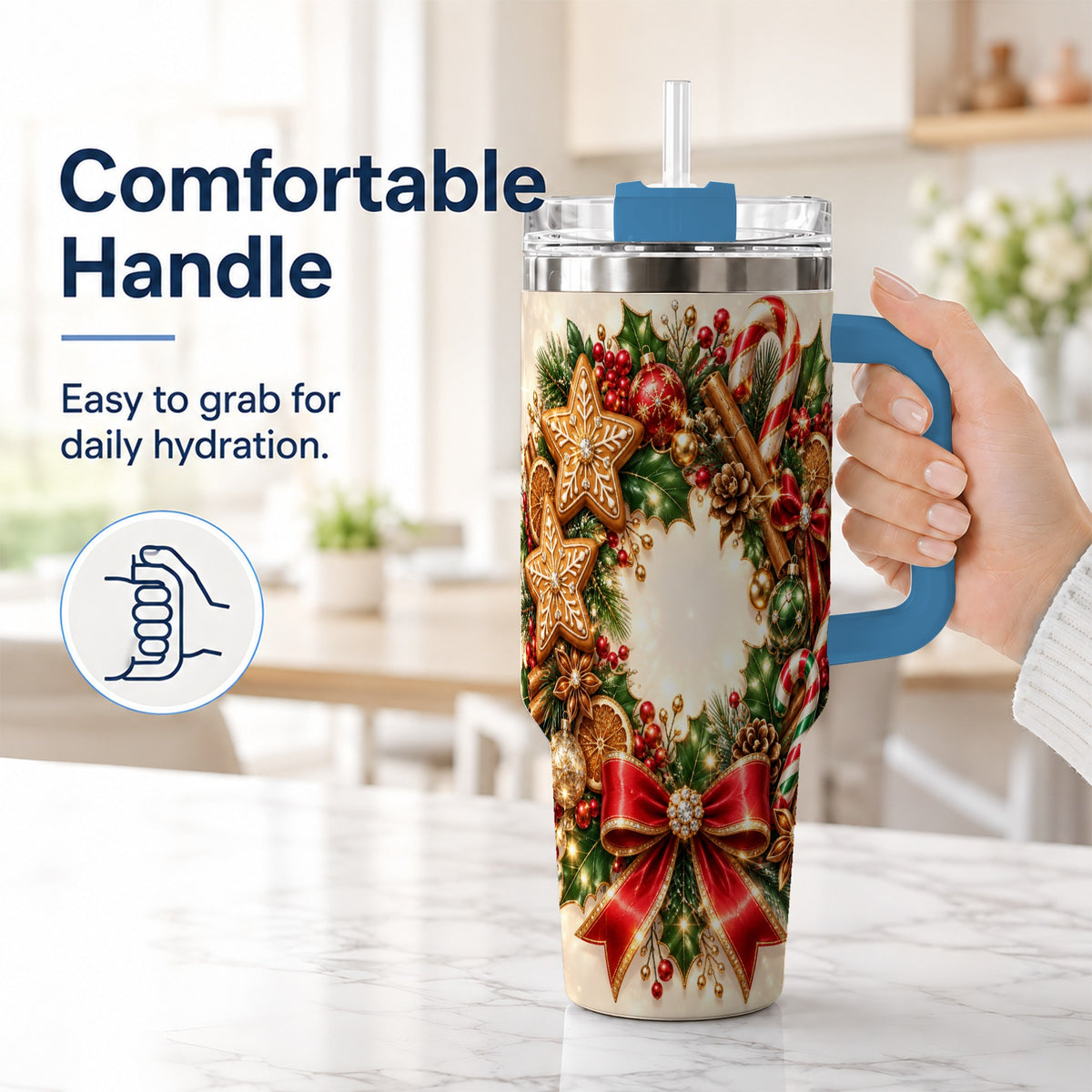 #pl[40oz|Blue] Christmas Wreath 40oz Tumbler with Handle, Gingerbread Holiday Design