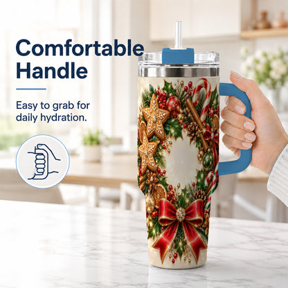 #pl[40oz|Blue] Christmas Wreath 40oz Tumbler with Handle, Gingerbread Holiday Design
