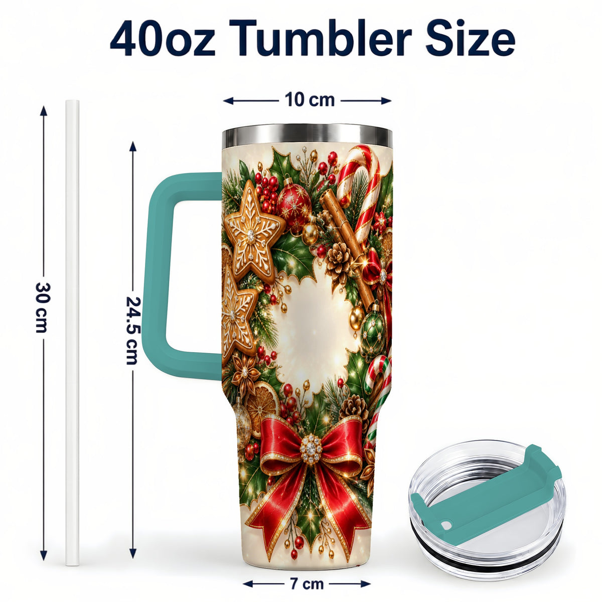 #pl[40oz|Green] Christmas Wreath 40oz Tumbler with Handle, Gingerbread Holiday Design