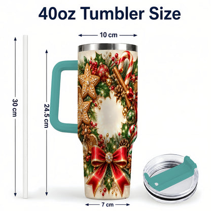 #pl[40oz|Green] Christmas Wreath 40oz Tumbler with Handle, Gingerbread Holiday Design