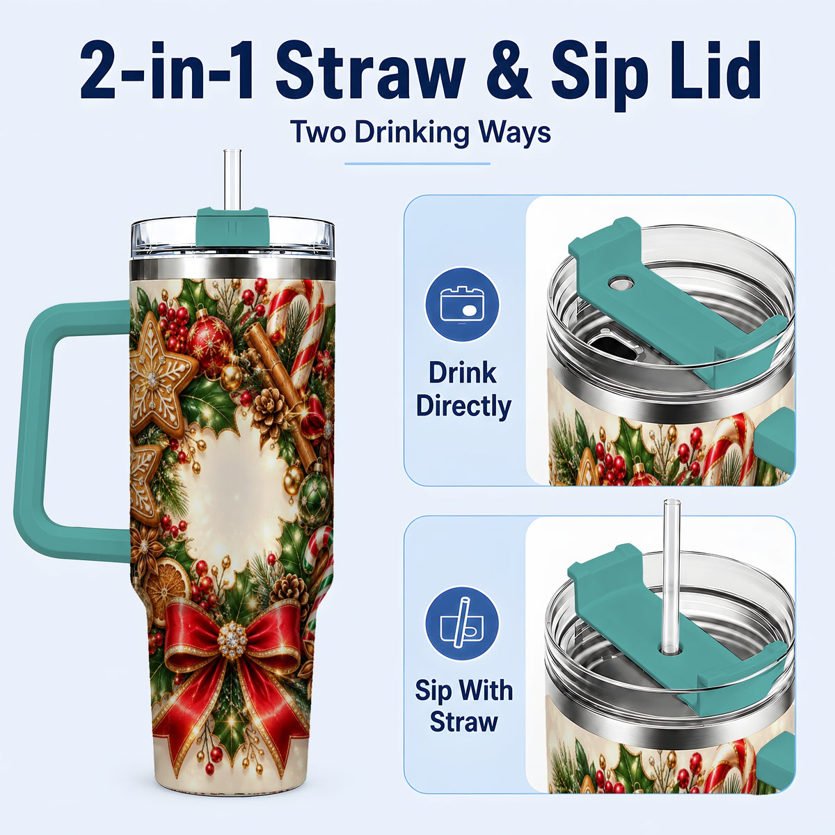#pl[40oz|Green] Christmas Wreath 40oz Tumbler with Handle, Gingerbread Holiday Design