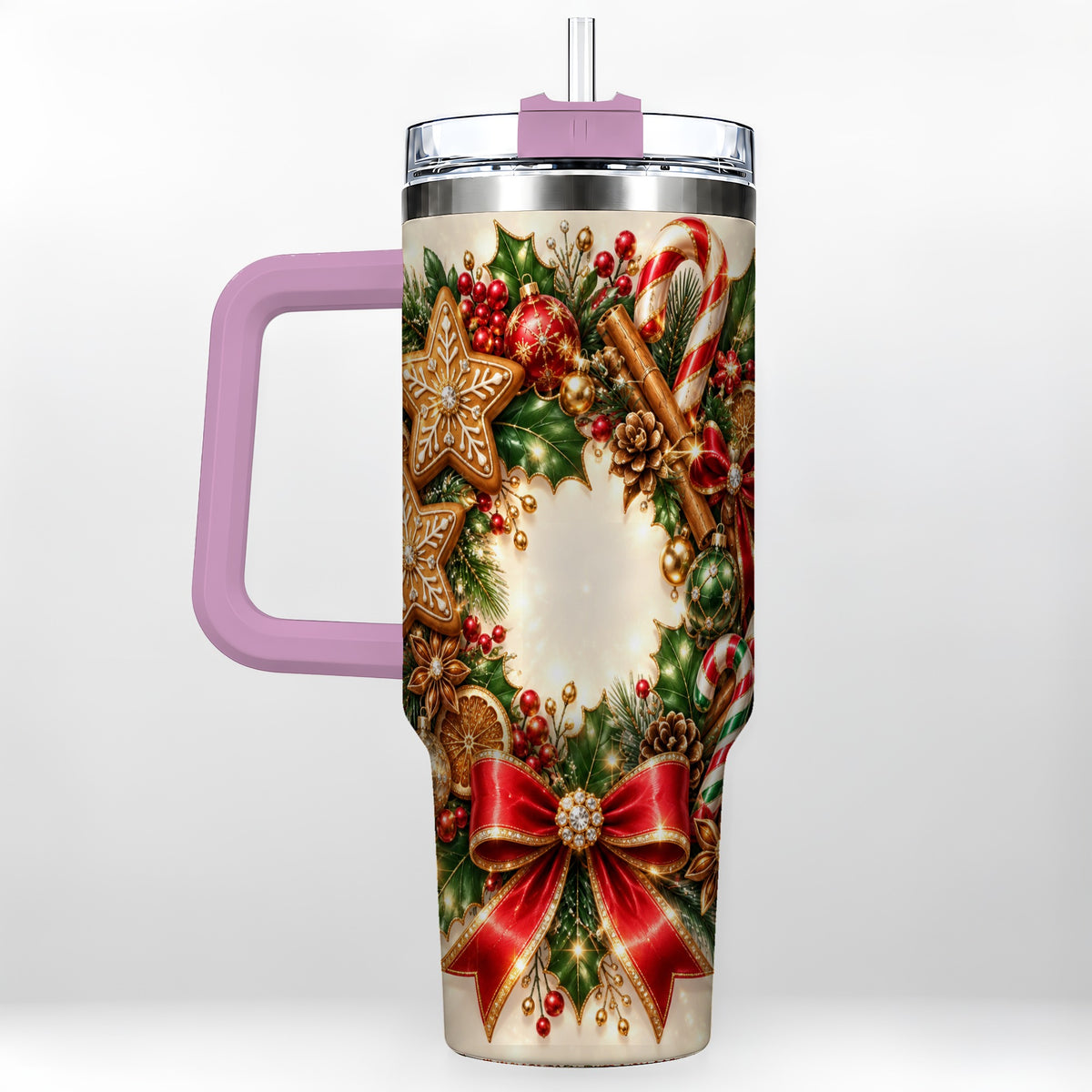 #pl[40oz|Pink] Christmas Wreath 40oz Tumbler with Handle, Gingerbread Holiday Design