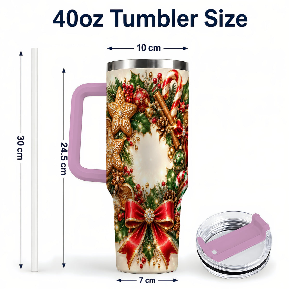 #pl[40oz|Pink] Christmas Wreath 40oz Tumbler with Handle, Gingerbread Holiday Design