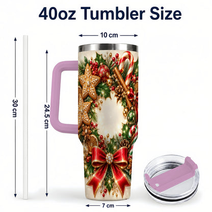 #pl[40oz|Pink] Christmas Wreath 40oz Tumbler with Handle, Gingerbread Holiday Design